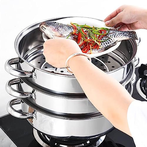 Chynalys 1 Set 3-Tier Stainless Steel Steamer Multi-Cooker Food Steamer Large Size Cooking Pot Cookware Food Steamer Pot with Glass Lid for Use on Gas, Electric, Induction and Stoves (Silver) (BJB-2)