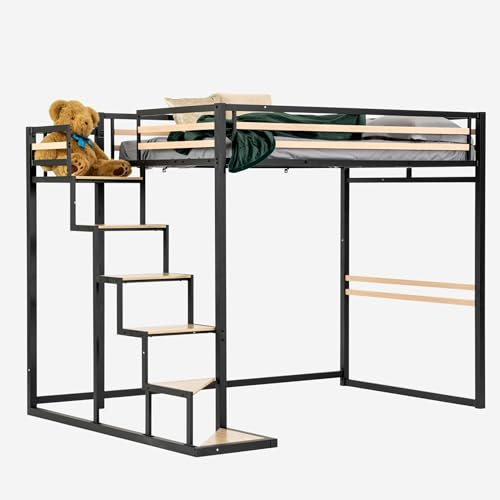 MEUBLE COSY Hochbett 140x200cm Bettrahmen Etagenbett mit Lattenroste aus Holz und Metall, Industriell, für Erwachsene und Kinder