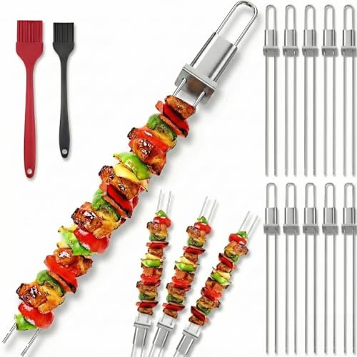 Kabob Skewers for Grilling, 10 Pack 13 Double Pronged with Push Bar, Stainless Steel BBQ Skewers with 2 Brushes, Reusable for Meat, Shrimp, Chicken, Veggie, Perfect for Camping & Family Use.