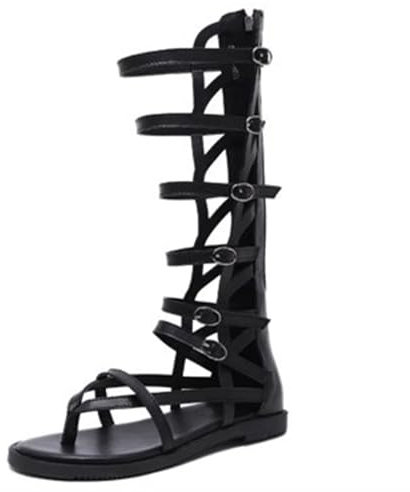 LITNERMIA Stivali da gladiatore romano sandali alti al ginocchio per le donne appartamenti estivi con cinturino alto al ginocchio con fibbia Toe clip scarpe,nero,36 EU