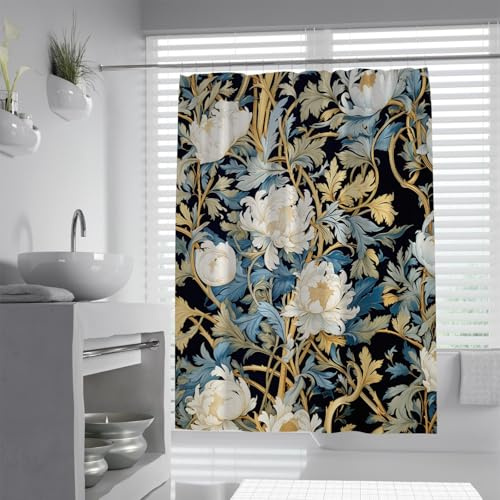 SHUODAOCO Vita Krysantemum Duschdraperier Boho Morris Stil Vintage Estetisk Duschdraperi Med Krokar 100 B x 200 L Cm Badrum Gardin Polyester Vattentät