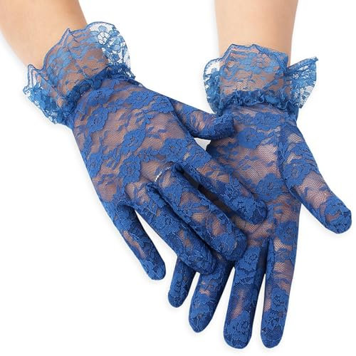 TIMIYUYU Damen Kurze Spitzenhandschuhe Elegant Netzhandschuhe Blumenspitzen Handschuhe Kurze Lace Gloves Sonnenschutz Handschuhe Hochzeit Party Halloween Handschuhe Sommerhandschuhe (Blue, One Size)