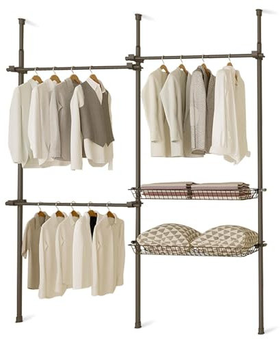 House of Home Telescopic 2-Tier Clothes Rail – Adjustable Floor to Ceiling Wardrobe Organiser (110–310cm Height, 150–240cm Width) No Tools Assembly, 80kg Capacity, Heavy-Duty Metal Hanging Rack