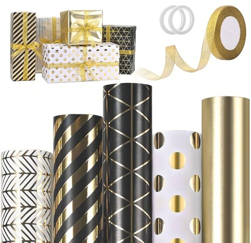 Geschenkpapier Set 43cm x 3m 5 Rollen Geschenkpapier Geburtstag Schwarz Gold Geschenkpapierrolle mit Bänder und Klebeband für WeihnachtennKindertag Valentinstag Muttertag