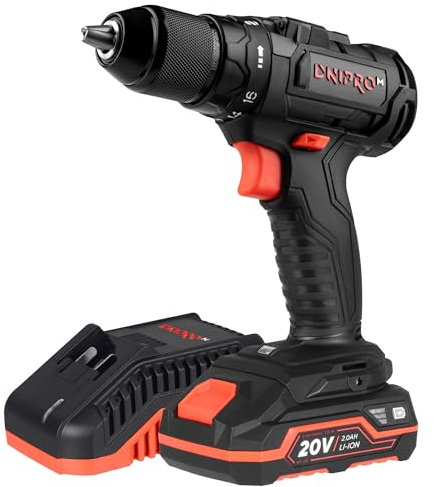 Dnipro-M Taladro Atornillador a Bateria 20V 60Nm, Motor sin Escobillas, 2 Velocidades 0-1700 rpm, Luz LED, Reversible. Con bateria 2Ah y cargador. CD-200BC Ultra