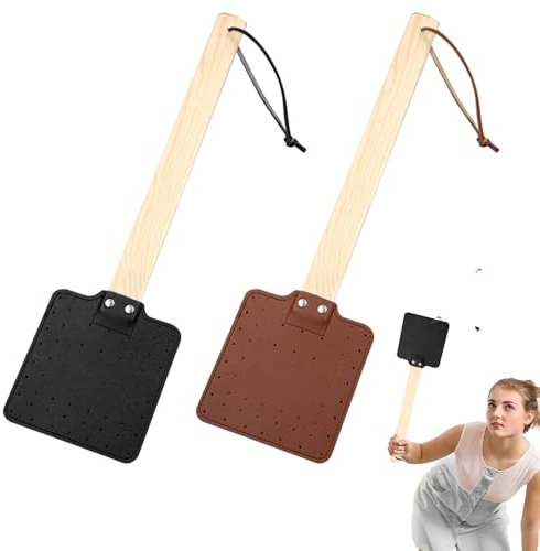 Riisoyu Tapette à Mouche en Cuir, 2 pièces 17,4 Pouces Longue Poignée Bois Tapette Mouches avec Corde Suspension Pratique Robuste Tapette Mouches Cuir pour Mouches Moustiques Abeilles