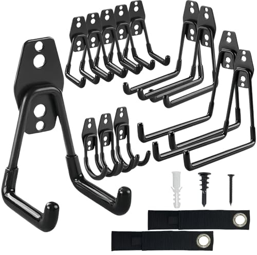 Garage Hooks 12Pcs Heavy Duty Steel Wall Mounted Hooks Reinforced Welding Tool Organizer with 2 Straps, 4 Size Storage Hanger for Bike, Garden Tools, Sports Equipment, Garage Organization (Black)