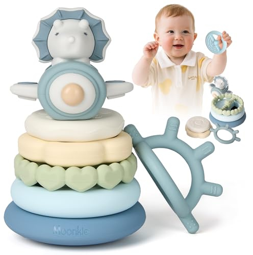Moonkie Dinosaure Tour Empilable Bebe, Jeux Eveil Silicone, Anneau Dentition Bebe, Jouet Montessori Eveil, Anneaux Empilables Bébés, Cadeau pour Garçons 6 Mois+, Ensemble de 7 Pièces