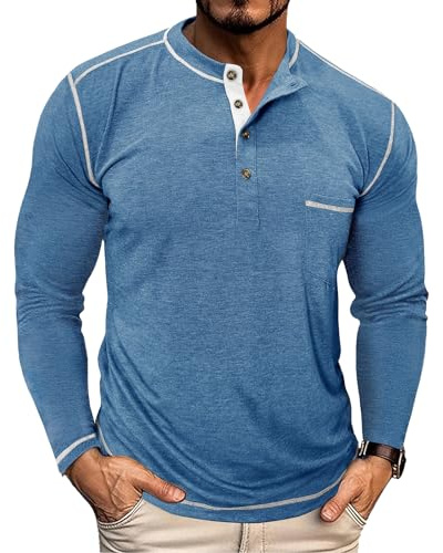 PRIVIMIX T Shirt Manche Longue Homme Tee Shirt Col Rond Henley T-Shirts en Boutonné Bleu XL