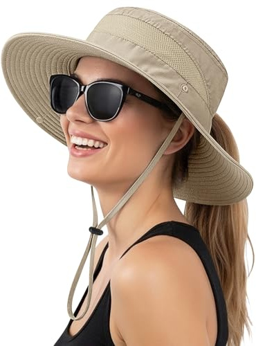Lonya Sun Hat for Women Men Cap UV Protection Beach Bucket Hats Summer Wide Brim Foldable Packable Fishing Cowboy Hat with Ponytail Hole,A-Beige