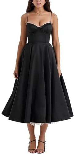 Vestido de Noche Largo Verano, llegadas Elegantes, corsé con Tirantes Finos, corpiño satén, Baile graduación for Mujer para Boda, Cóctel, Noche(Black,XL)