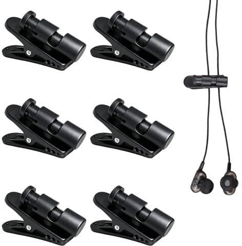 6 clips giratorios de 360° para cables de auriculares, abrazaderas ajustables para auriculares y micrófono, sujetacables para ropa, ideales para la oficina, deportes y viajes, color negro.