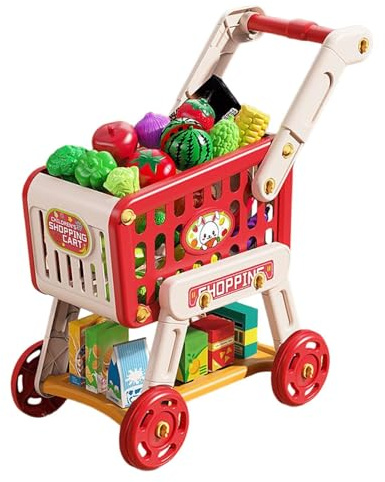 Carrello giocattolo per supermercato, da cucina per bambini, set da 20 pezzi di cibo simulato, frutta e verdura, carrello per bambini per l'apprendimento precoce