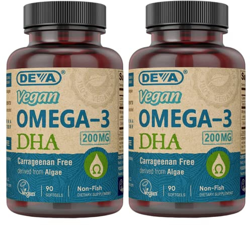 DEVA Vegan Omega-3 DHA Supplement, Once-Per-Day Softgel 200 MG, Carrageenan Free, Gelatin Free, Non-Fish, Algae Oil, Omega-3 Fatty Acids - 90 Softgels (Pack of 2)