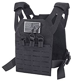 Childrens Tactical Airsoft Paintball Kids Vest, Free US Flag Patch, Mil Spec PALS Laser cut Molle Modular w/Mag Pouches (Black)