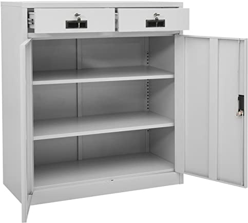 Susany Armario Archivador de Oficina Armario Metalico Cuenta con 2 estantes Ajustables,2 cajones con 3 Secciones,Armario de Oficina Mueble Archivador Mueble de Oficina,Acero Gris Claro 90x40x102 cm