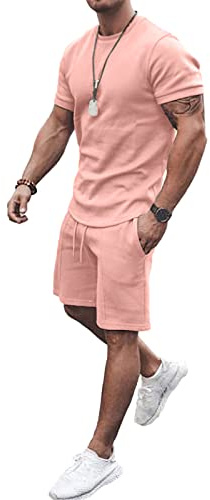 amropi Survêtement de Sport pour Homme Short et T-Shirt à Manches Courtes Ensemble 2 pièces Rose,M