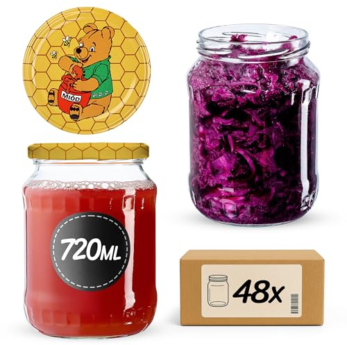 KADAX Lot de 48 bocaux de conservation 720 ml, idéaux pour la mise en conserve et le stockage, bocaux avec fermeture à vis, bocaux à couvercle à visser, Twist Off jusqu’à 82 mm, bocaux de provisions