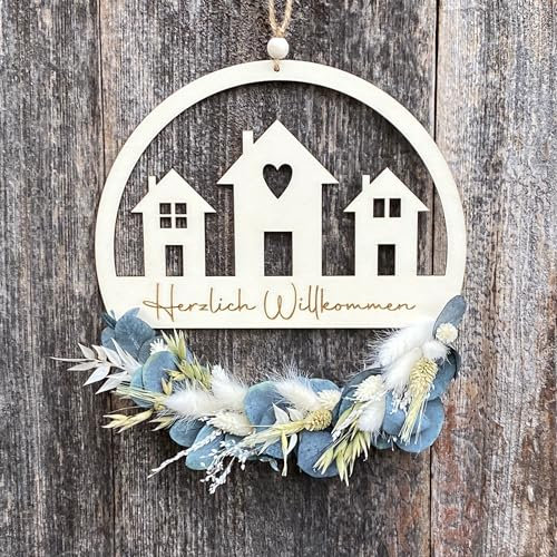 Willkommensschild I Trockenblumenkranz I Türkranz Trockenblumen I Herzlich Willkommen Türhänger I Innenbereich I ganzjährig I personalisierbar (24cm, Weiss/Grün)