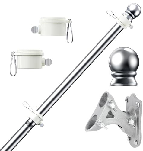PHITRIC Kit de mât de drapeau de 1,8 m, sans nœuds, résistant aux intempéries, en acier inoxydable avec base pour drapeau de jardin lourd de 9,6 x 15,2 cm, mât de drapeau de 2,5 cm de diamètre pour la