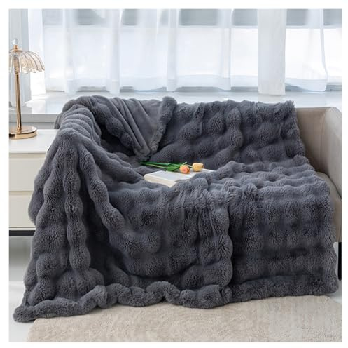 Ergocar Filt i fuskkaninpäls, vändbar, mjuk, varm prydnadsfilt, elegant, mysig prydnadsfilt för din soffa, säng, fåtölj, trädgård med mera