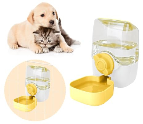 Automatic Replenish Pet Waterer, 1L Capacity Auto Siphon Gravity Cage Hanging Water Dispenser Set for Dog and Cat Small Animals, Removable Pet Water Bottle Water Container (Waterer, Yellow&White)