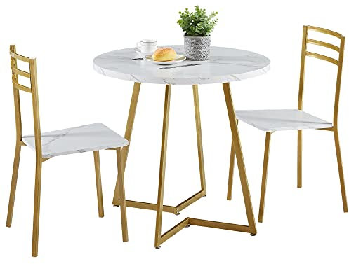 VECELO Small Round Dining Table Set for 2, Wood Tabletop with Strong Metal Frame, Modern Dinette with Chairs for Kitchen, Breakfast Nook Living Room, White & Gold