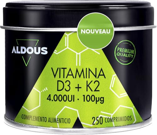 Vitamine D3 et K2 2000 IU - 250 comprimés - Vitamine K2 50mcg - Vitamine D Cholecalciferol - Vitamines pour le système immunitaire et les défenses - Muscles, Os - Améliore l'absorption du calcium
