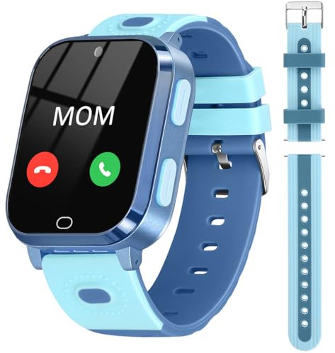 Noctiluxia Smartwatch Kinder 4G, GPS Kids Watch Telefon, Kinderuhr SOS Anruf, Wasserdicht, Videoanruf, Echtzeit Chat, Kamera, Schrittzähler, Wecker, für 4-12 Jungen und Mädchen, Blau