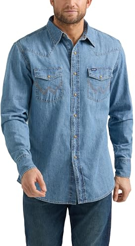 Wrangler herr denim lätt tvätt långärmad snap-skjorta, Lätt tvätt denim, L