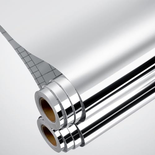 Yenhome Adesivo Specchio per Mobili Flessibile 40×500cm Carta da Parati Adesiva Argento per Metalli Frigorifero Pellicola Adesiva Acciaio Inox Lucido per Mobili Bagno Lavastoviglie Piano Top Cucina