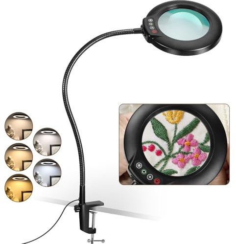 Veemagni 10X Lupe mit Licht und Klemme, 23 Zoll Flexibler Schwanenhals, 5 Farbmodi Stufenlos Dimmbare LED Lupenlampe, Ständer Tischlupe mit Beleuchtung, Hände Frei Lupenleuchte für Lesen Malen Hobby