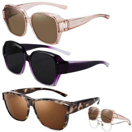 BFSYRR Sunglasses Over Glasses, 3 Pack Sunglasses Over Glasses for Women, Polarised Trendy Square Oversized Anti Glare Overglasses, Clip on Sunglasses for Driving UV Protection Men and Women