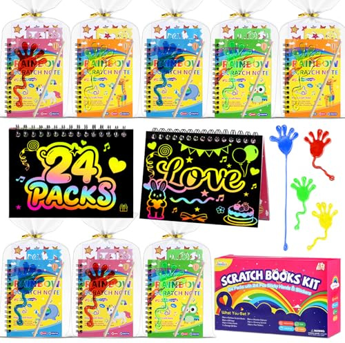 JMMICO 24*3 Pack Scratch Art Notebook+Sticky Hands+Stickers,Party Favors for Kids 4-8-12,Return Gifts for Birthday Party,Goodie Bags Stuffers,Classroom Prizes Bulk Gifts for Students