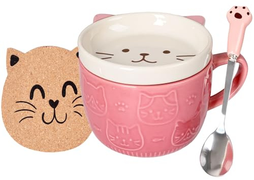 Zylota Tazza con gatto, set di tazze da caffè con coperchi,Tazza di caffè in Ceramica per amanti dei gatti, donne, Amici,regalo di Natale, compleanno