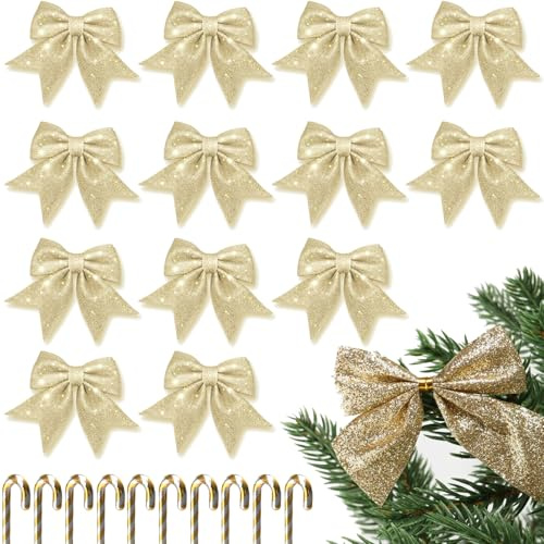 14tlg Weihnachtsbaumschleifen Set Champagner Gold Weihnachtsbaum Deko mit Anhängern Christbaumschmuck Schleifen für Girlande Weihnachten