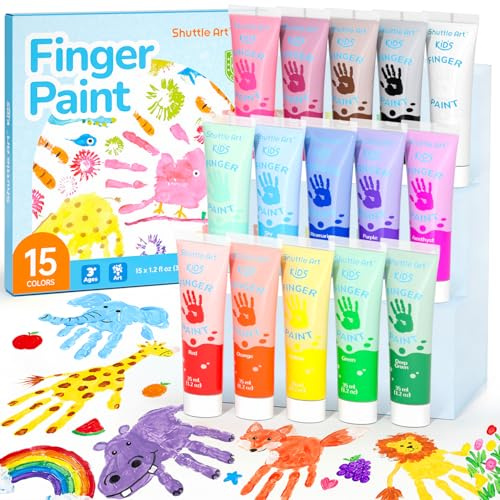Shuttle Art Washable Finger Paint for Toddlers, 15 Vibrant Colors (1.2 fl oz) Toddler Paint, Non-Toxic Finger Painting for Toddlers 1-3, Kids Arts and Crafts