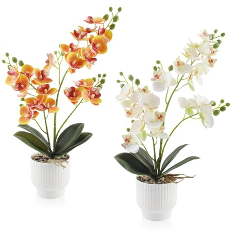 LEIMEND 2 Pezzi Orchidea Finta Realistica Orchidee Finte Giallo e Bianco