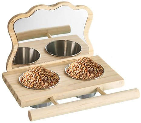 Posadero con Espejo para Jaula de Aves, para Jugar - Espejo para Loros con Comederos y Base de Pértiga - para Conuros, Loros, NINFA, Periquitos, Agapornis, Canarios y Cacatúas
