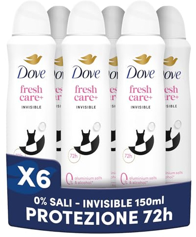 Dove Deodorante Spray Fresh+ Care 0% Sali Invisible, Deodorante 72 Ore Protezione Sudore e Odori, Anti Macchie sui Vestiti, con Zinco Antibatterico, 0% Sali di Alluminio, 6 pezzi da 150ml