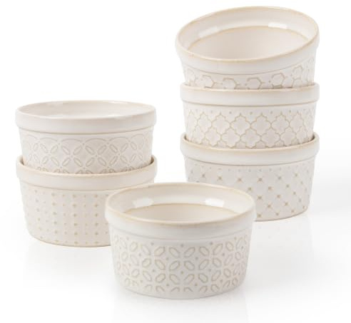 DOWAN Ramekins 4 oz Oven Safe Set of 6, Arctic White Porcelain Baking Bowls and Ceramic Condiment Cups for Creme Brulee, Souffle, Pudding, Custard, Dipping Sauce and Small Charcuterie Boards