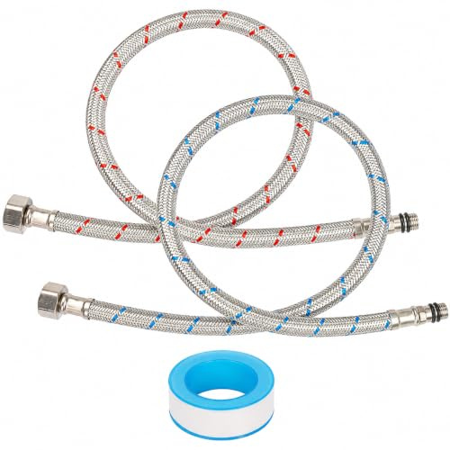 2er Pack 80 cm Anschlussschlauch Armatur mit Dichtband, G3/8 auf M10, Flexschlauch Verlängerung, Wasserhahn Schlauch Verlängerung, Geflochtener Edelstahl Panzerschlauch für Küche & Bad