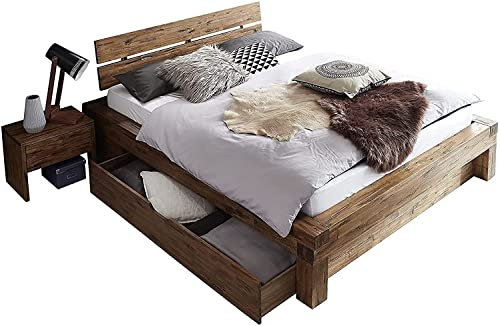 SAM Balkenbett 200x200 cm Alias mit Bettkasten, Holzbett aus Akazienholz, Natur-Holzbett mit geteiltem & angewinkeltem Kopfteil, jedes Bett EIN pflegeleichtes Unikat