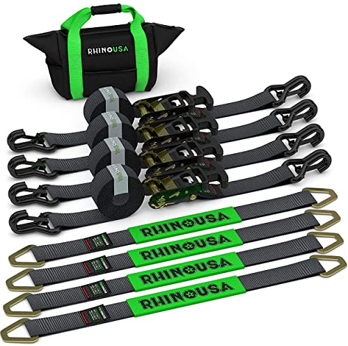 Rhino USA Car Tie Down Straps for Trailers with J Hooks (4-Pack) – 2 x8' (10,000lb Break Strength) – Heavy Duty Car Hauler Tire Straps with Axle Straps for UTV, Powersports & More – Black