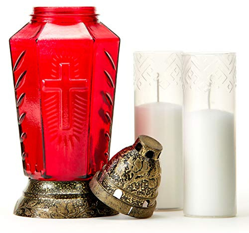 Cemetery Memorial Candle by Taultic Lights, Red Glass Lantern Eternal Candle Holder for Loss of Loved One, Heat-Resistant Plastic Top and Base, Remembrance Decorations for Grave, Indoor & Outdoor Use