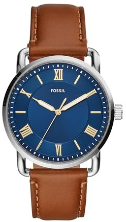 Fossil Men's Copeland Quartz Stainless Steel and Leather Three-Hand Watch for Men, 42MM, Silver, Luggage