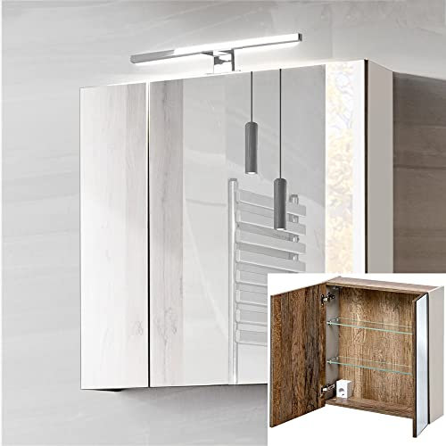 Lomadox Badezimmer Spiegelschrank 60cm Taupe mit Vintage Oak Eiche, 2-türig, LED Beleuchtung, Schalter, Steckdose B/H/T: 60/65-75/17cm