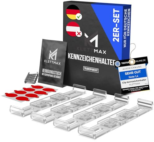 KLETTMAX® ORIGINAL - Rahmenlose Clip Kennzeichenhalter - Nummernschildhalter - unsichtbar und wetterfest - Nummernschildhalterung für jedes KFZ - Nur für Deutschland!