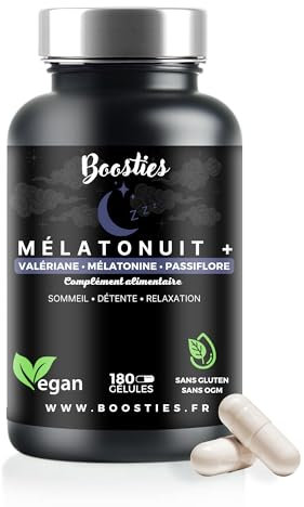 Mélatonine 1.9mg, Enrichi 5 plantes apaisantes, 180 gélules (6mois), valériane, tilleul, pavot de Californie, mélisse et passiflore, Sommeil et réparateur, réduit l’anxiété et stress