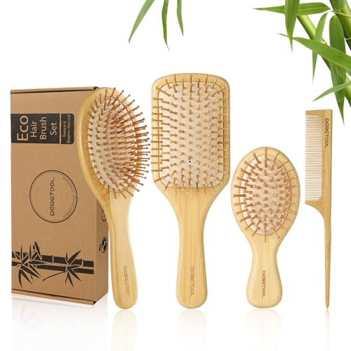 DEBETOOL Bamboo Hair Brush and Comb Set for Women Men and Kids,Natural Bamboo wood Wide-tooth brush and tail comb - Paddle Detangling Brush for Wet Dry Curly Hair
